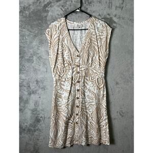 LOFT Linen Blend Beige Paisley Button Front Dress V Neck Summer Cottagecore 8